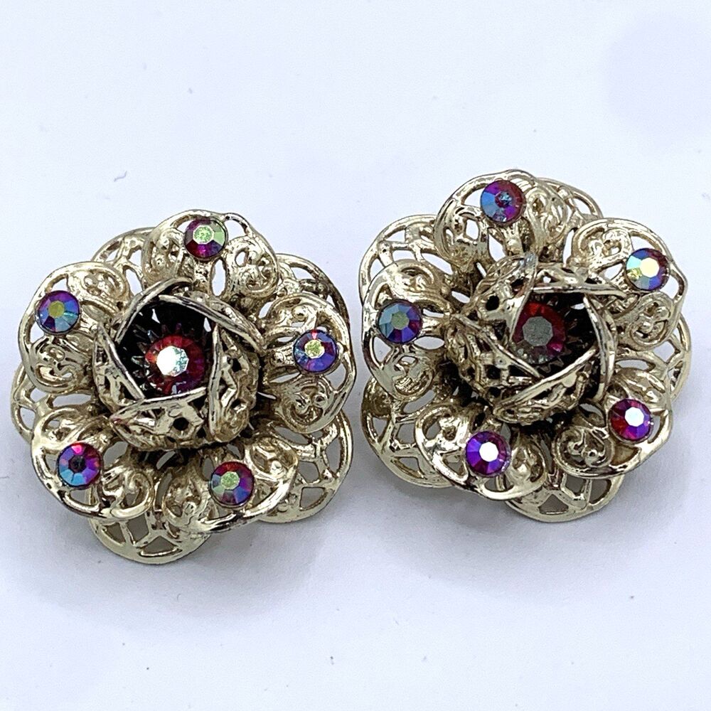 Vintage Sarah Coventry Signed Large Floral Clip On Earrings Red Aurora Borealis